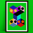 Geometric abstract design with colorful shapes on a green background