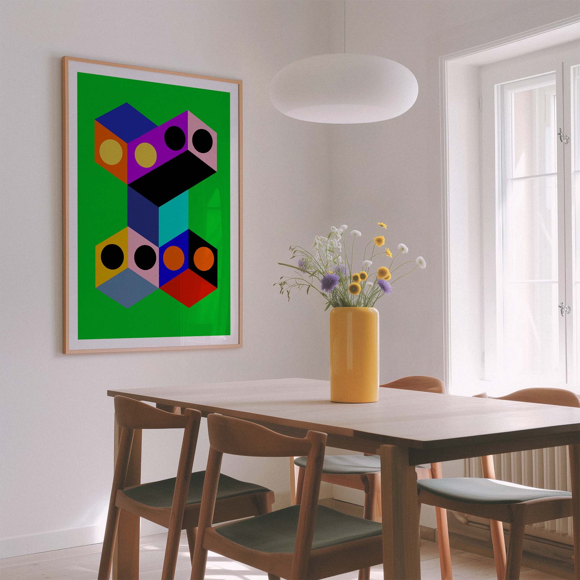 Dining room with a geometric abstract art piece on the wall, a vase with flowers on the table, and wooden chairs.