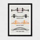 A framed art print featuring stylized illustrations of four bridges: Tower Bridge, Brooklyn Bridge, Golden Gate Bridge, and Sydney Harbour Bridge, each labeled underneath. The print has a light beige background with black, gray, and orange bridge drawings, surrounded by a white mat and a black frame.