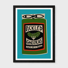A framed art print featuring a stylized pickle jar labeled 'PCKLED GHERKINS' with a green pickle illustration and a turquoise background, shown in a black frame against a light gray wall.