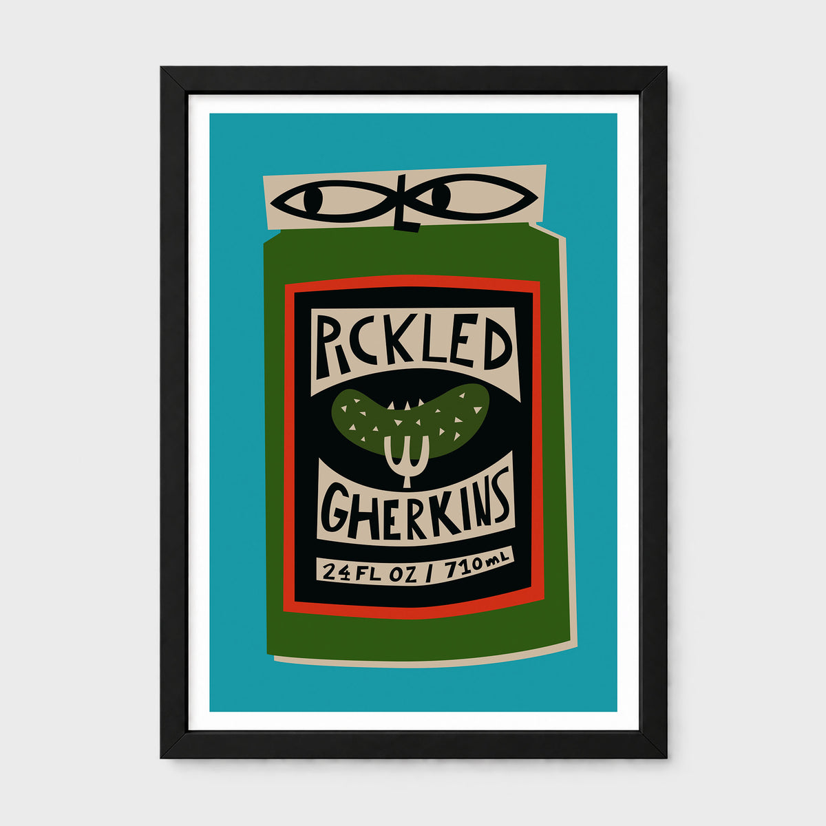 A framed art print featuring a stylized pickle jar labeled 'PCKLED GHERKINS' with a green pickle illustration and a turquoise background, shown in a black frame against a light gray wall.