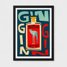 A framed graphic art print featuring a stylized red gin bottle with a giraffe illustration, surrounded by large letters spelling GIN in cream, light blue, and red on a dark teal background, shown in a black frame against a light gray wall.