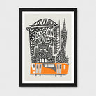 A framed art print featuring a stylized Glasgow skyline with a Orange train and black architectural details on a light gray background,