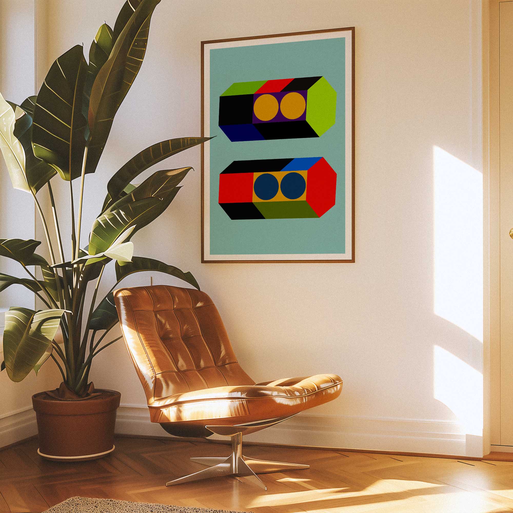 Modern interior with a brown leather chair, potted plant, and abstract art on the wall.