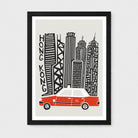 Framed art print featuring a stylized black and white illustration of Hong Kong skyscrapers with the word 'HONG KONG' written vertically, plus a red and white taxi at the bottom, shown in a black frame against a light gray background.