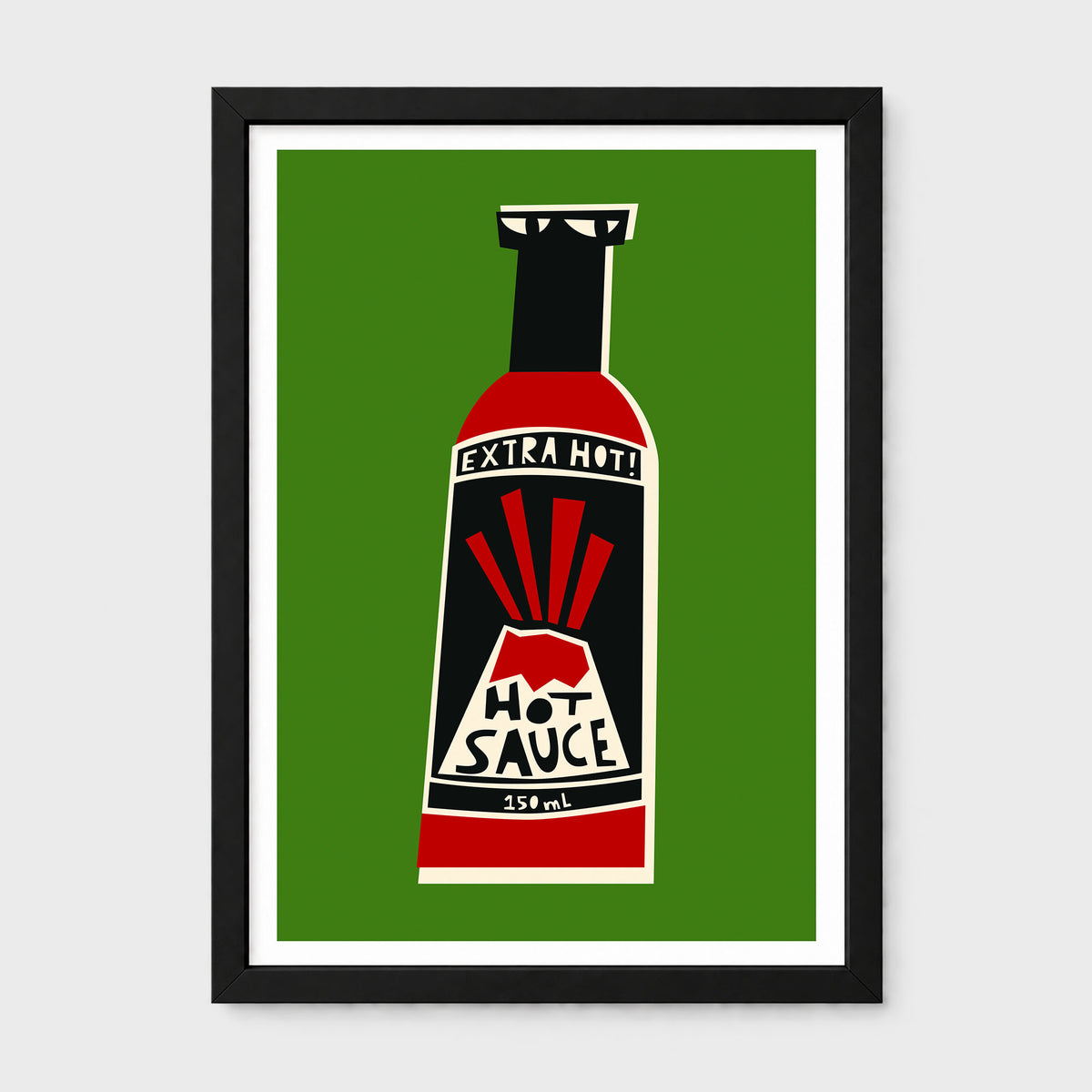 Framed wall art featuring a stylized hot sauce bottle illustration on a green background, shown in a black frame with a white mat against a light gray wall.