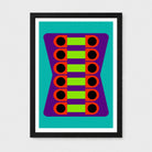 A framed minimalist art print featuring a geometric design of a purple hourglass with lime green bars and red circular accents on a teal background, enclosed in a black frame with a white mat.