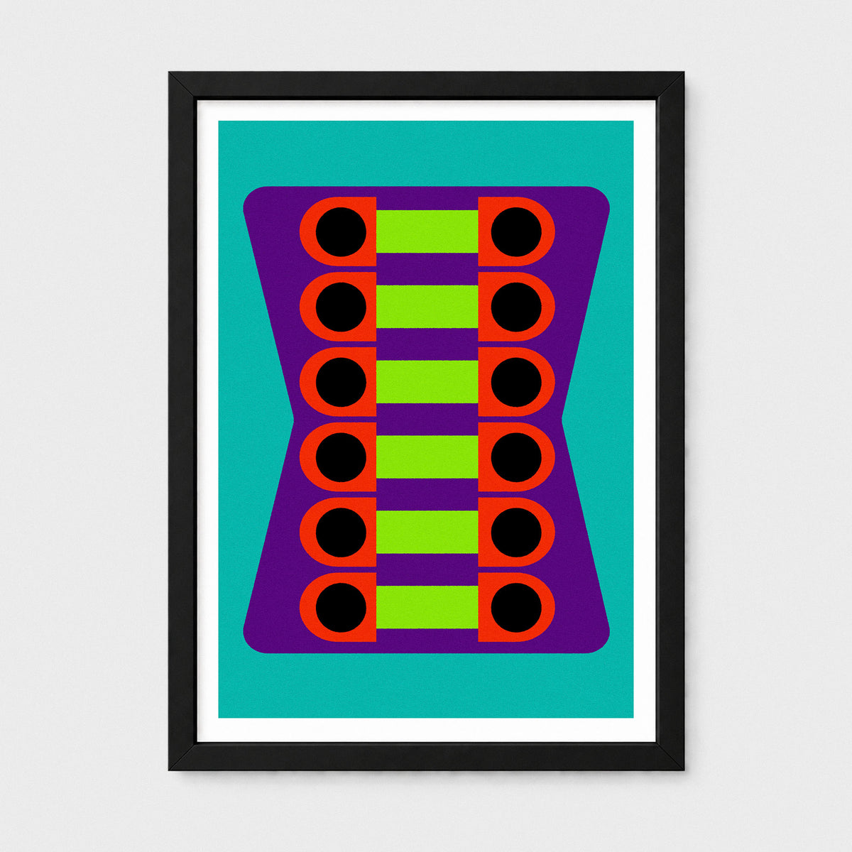 A framed minimalist art print featuring a geometric design of a purple hourglass with lime green bars and red circular accents on a teal background, enclosed in a black frame with a white mat.