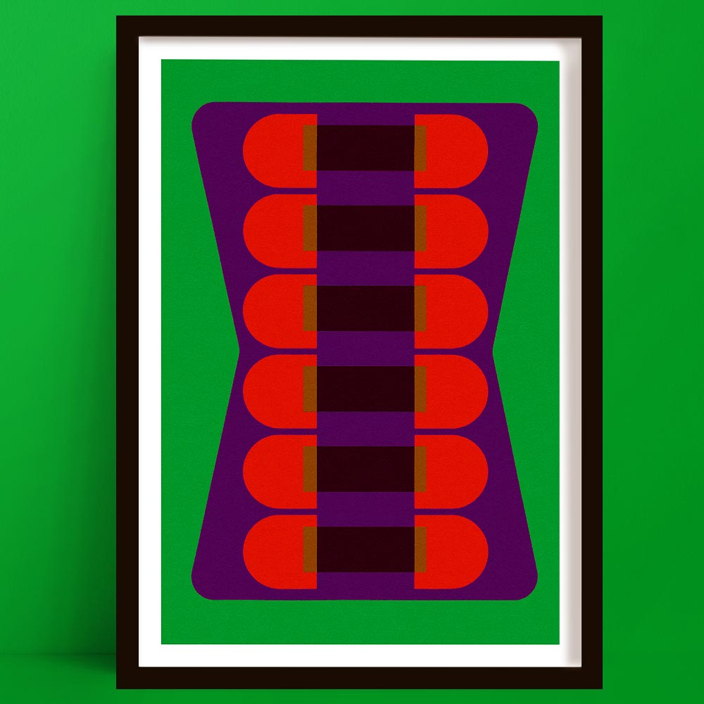Framed abstract art with red and purple shapes on a green background