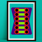 Geometric abstract design with colorful shapes on a teal background