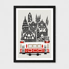 Framed Istanbul art print featuring a stylized black and white cityscape with a red and cream tram, shown in a black frame against a light gray background.