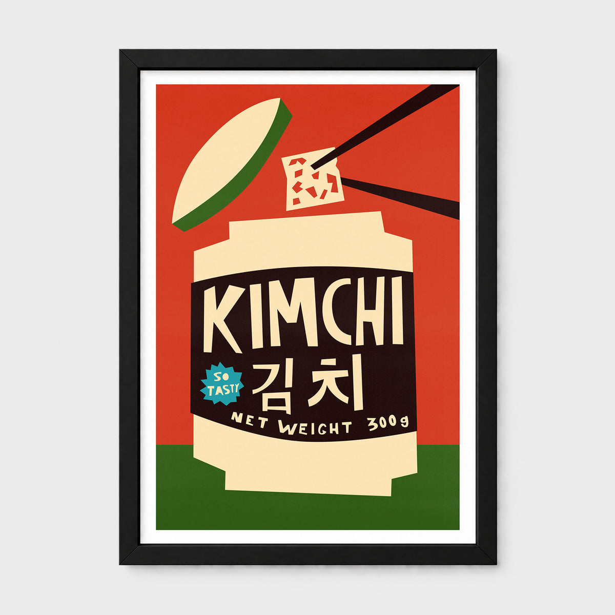 A framed vintage-style poster print featuring a kimchi jar with the word 'KIMCHI' and Korean text, shown against a light gray background.