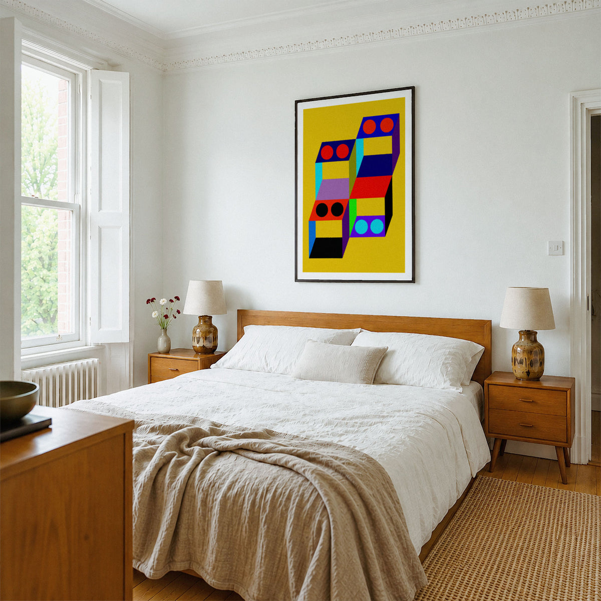 A framed abstract geometric art print with a bright yellow background and colorful blocks hangs on a white wall above a wooden bed in a styled bedroom.