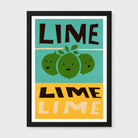 A framed graphic art print featuring three smiling limes on a split teal and yellow background with the word 'LIME' in bold black and cream lettering, shown against a light gray wall.