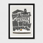 A framed art print featuring a black and white vector illustration of Liverpool landmarks with the word 'LIVERPOOL' in the center, shown on a light gray background.