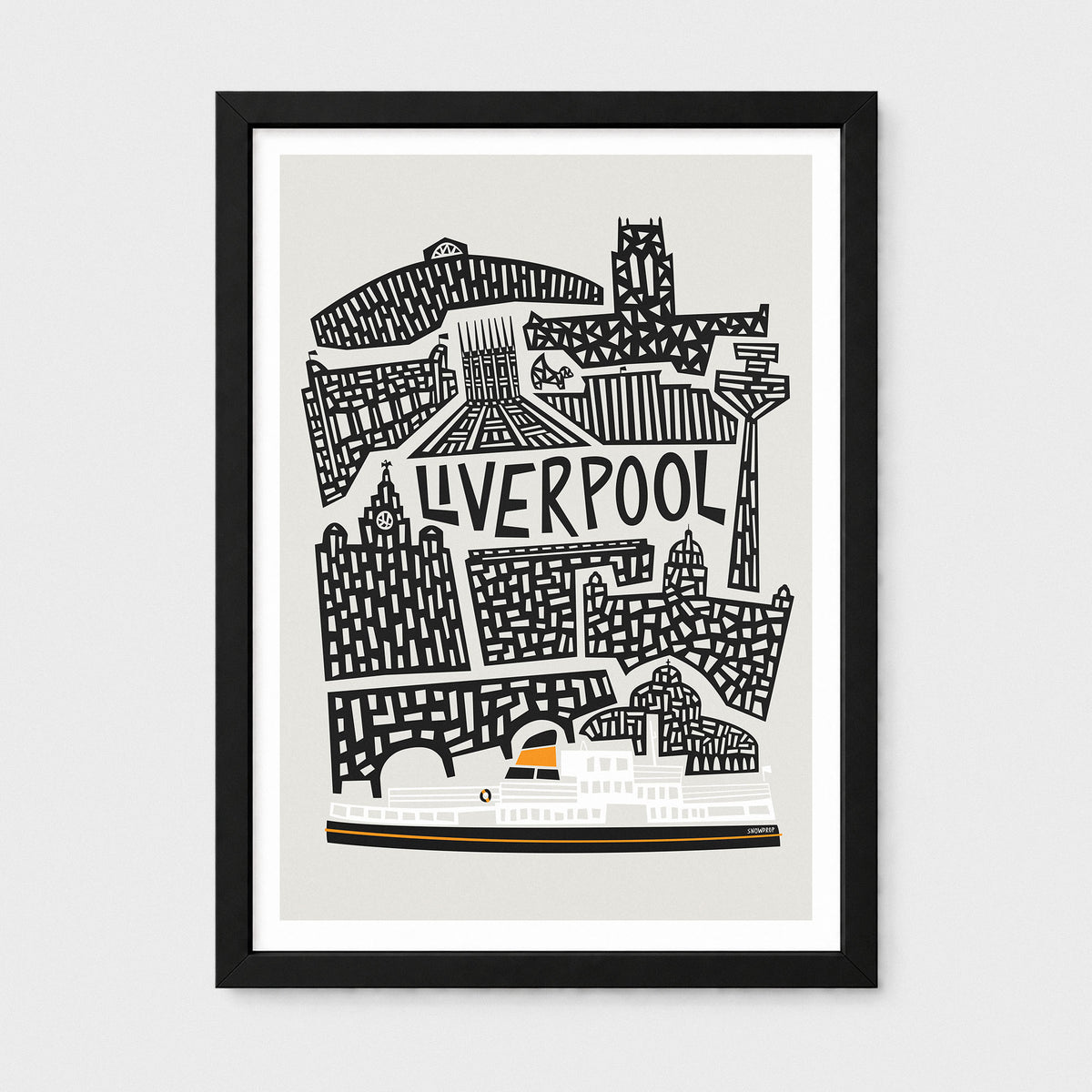 A framed art print featuring a black and white vector illustration of Liverpool landmarks with the word 'LIVERPOOL' in the center, shown on a light gray background.
