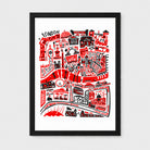 A framed art print featuring a stylized red and black London map illustration on a white background, enclosed in a black frame against a light gray wall.