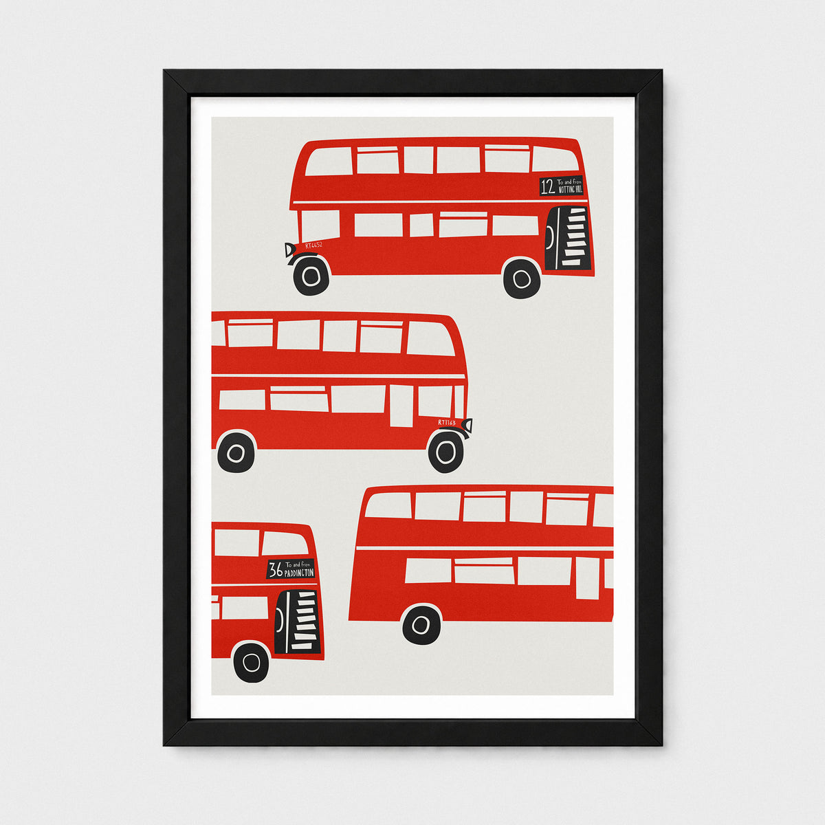 A framed art print featuring four stylized red double-decker buses on a light gray background, enclosed in a black frame with a white mat.