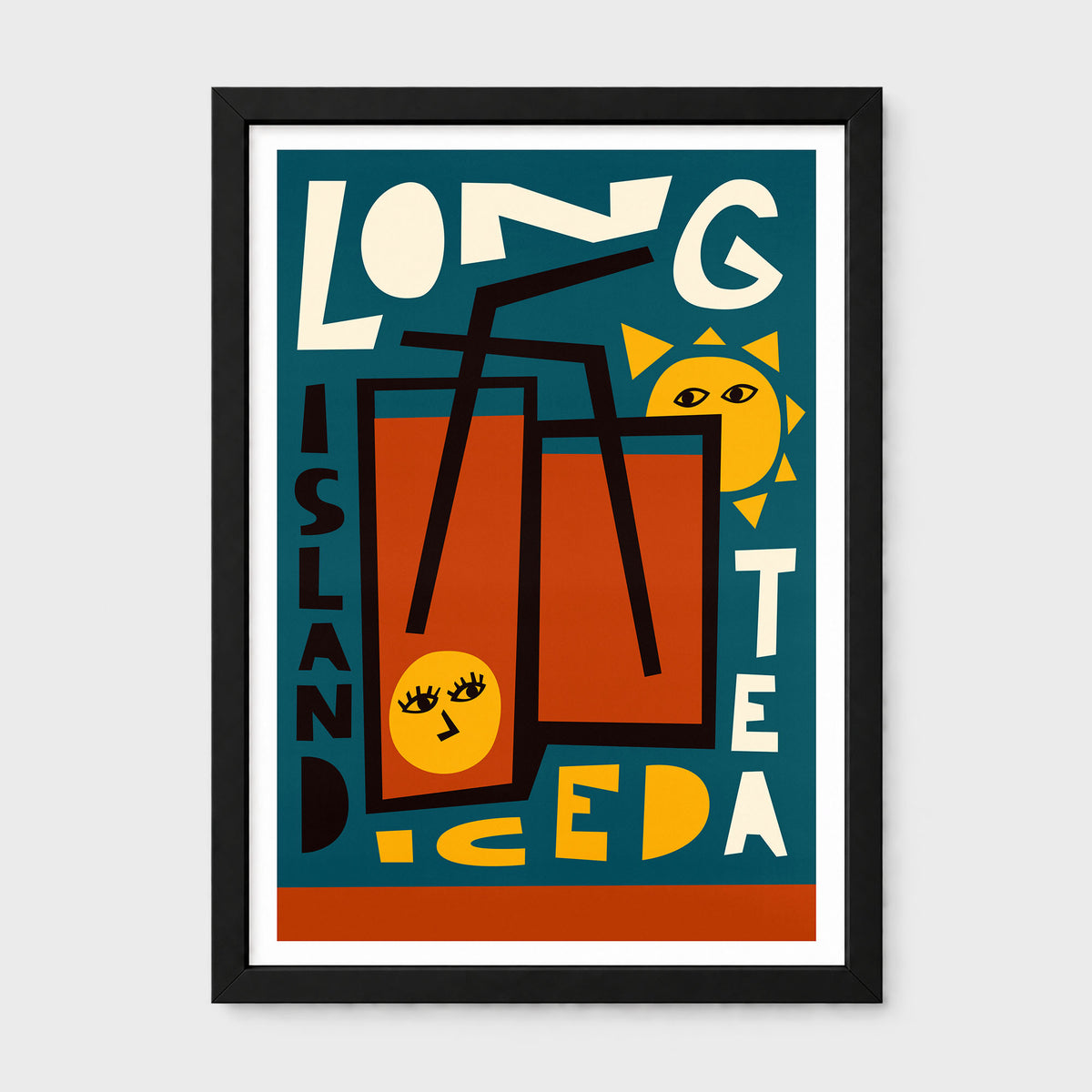 A framed graphic art print featuring a stylized illustration of two tall iced tea glasses with black straws, a yellow sun, and bold text reading 'LONG ISLAND ICED TEA' on a dark teal background, shown against a light gray wall.