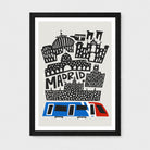 A framed art print featuring a stylized black line-art illustration of Madrid landmarks and the word 'MADRID' on a light gray background, with a blue and red train at the bottom. The print is mounted with a white mat and enclosed in a black frame, shown against a light gray wall.