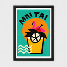 A framed art print featuring a retro-style Mai Tai cocktail illustration with a pink flamingo, orange sun, and turquoise background, shown against a light gray wall.