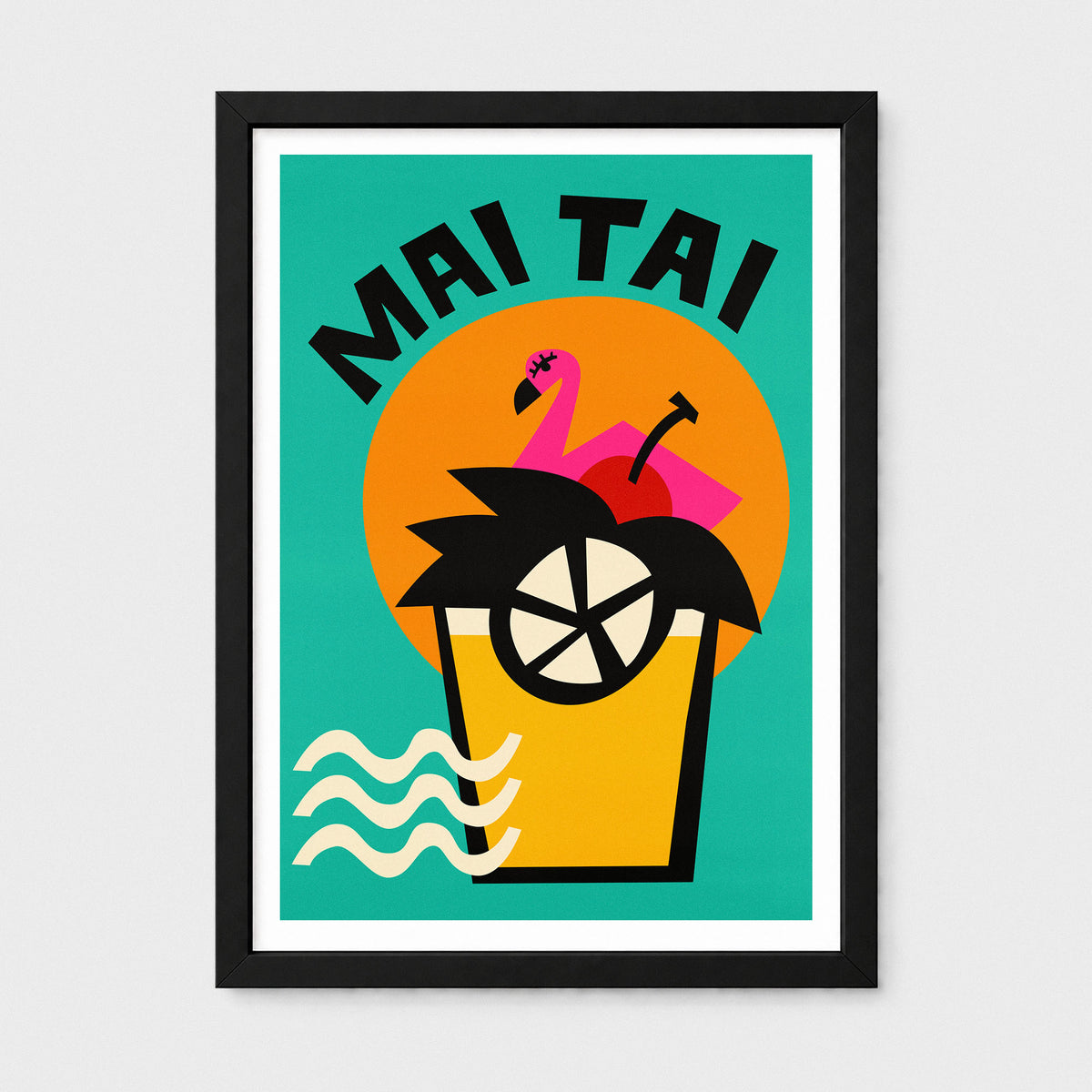 A framed art print featuring a retro-style Mai Tai cocktail illustration with a pink flamingo, orange sun, and turquoise background, shown against a light gray wall.