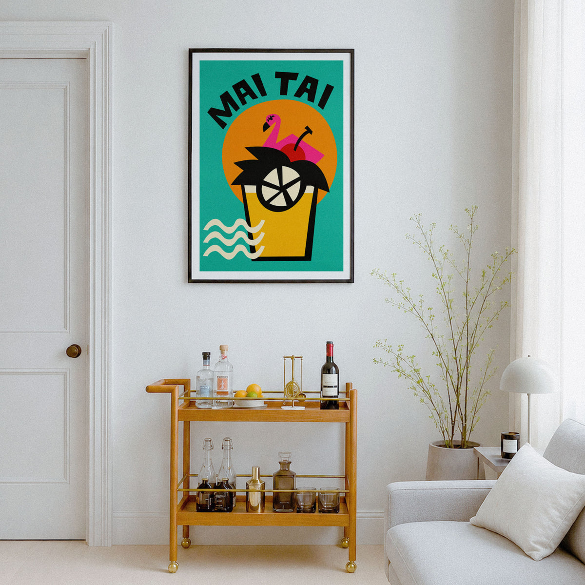 A framed art print featuring a minimalist black grand piano silhouette on a mustard yellow background, displayed on a white wall in a modern living room setting above a gold bar cart.