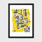 Framed New York City map art print with a bold yellow silhouette, black and white illustrated landmarks, and the words “NEW YORK” in black at the lower right, shown in a black frame against a light gray background.