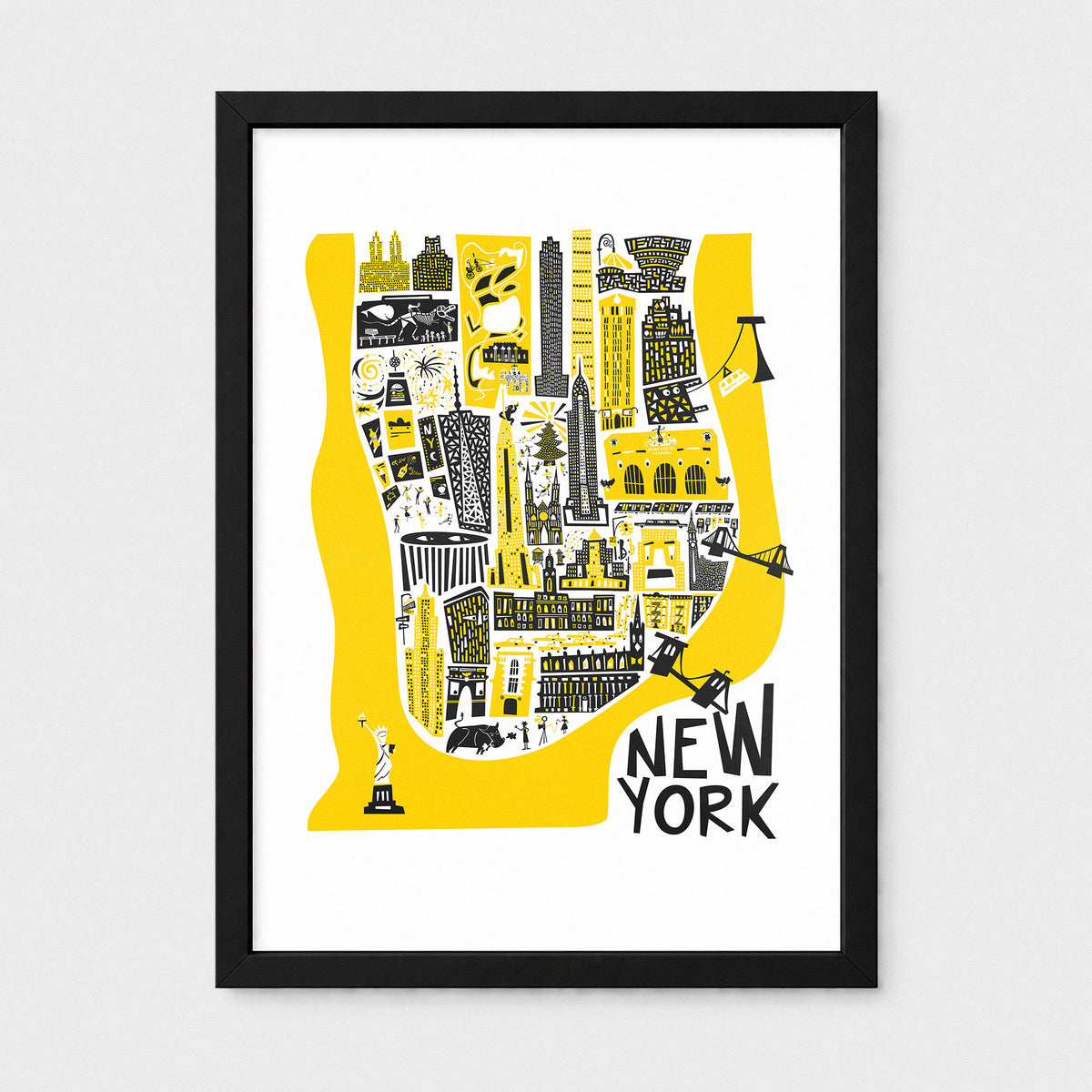 Framed New York City map art print with a bold yellow silhouette, black and white illustrated landmarks, and the words “NEW YORK” in black at the lower right, shown in a black frame against a light gray background.