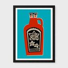 Framed art print featuring a stylized red maple syrup bottle on a bright turquoise background, shown in a black frame against a light gray wall.