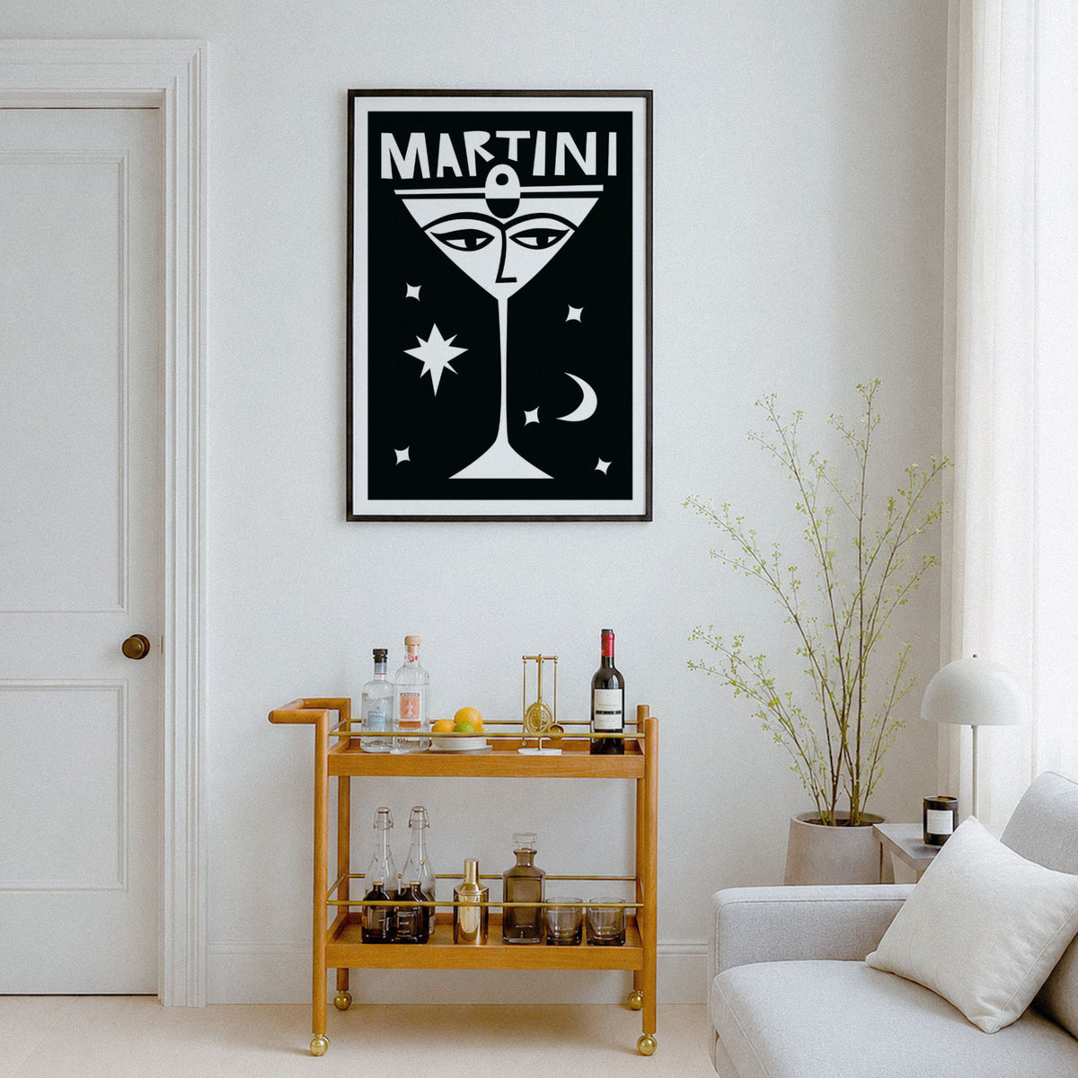 A framed art print featuring a minimalist black grand piano silhouette on a mustard yellow background, displayed on a white wall in a modern living room setting above a gold bar cart.