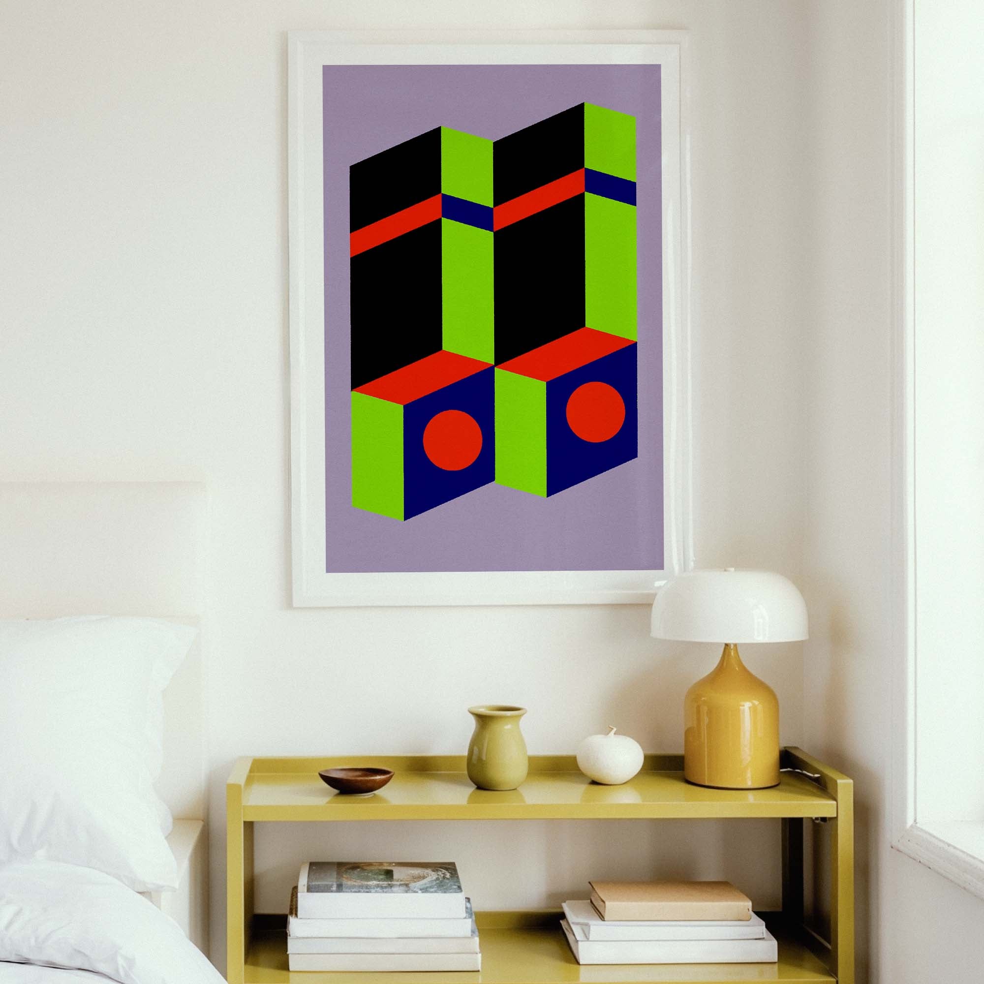 Geometric abstract art print on a wall above a shelf with decor items.