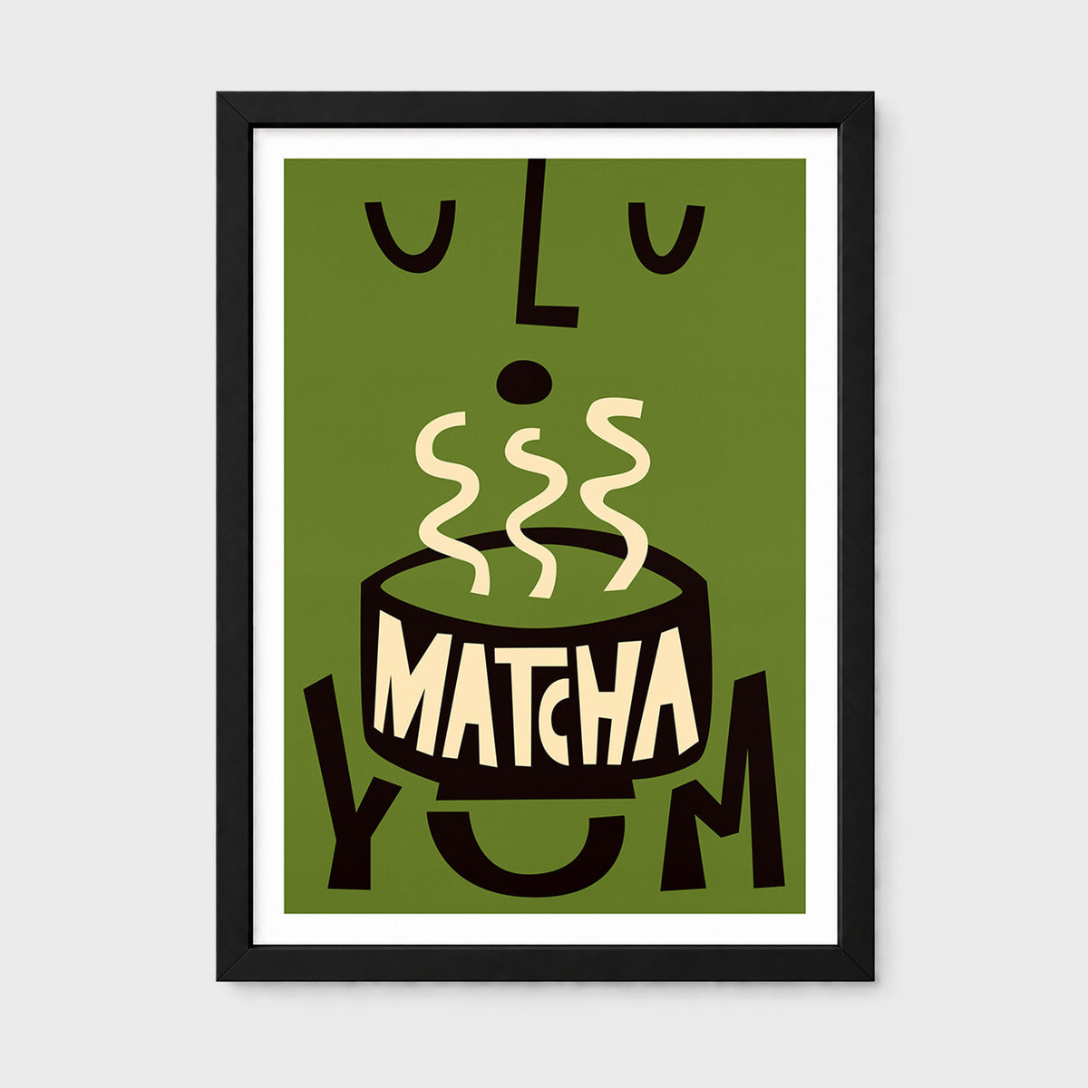 A framed art print featuring a stylized illustration of a steaming bowl of matcha with the word 'MATCHA' on the bowl and the phrase 'YUM' around it, shown against an olive green background with a black frame and white mat.