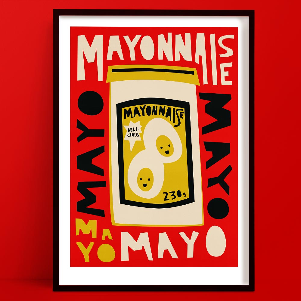 Framed Mayo Typography Print poster with a stylized mayonnaise jar and text on a red background