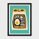 A framed art print featuring a stylized illustration of a mayonnaise jar with a cute cartoon egg face on the label, set against a teal background with a black frame and white mat.