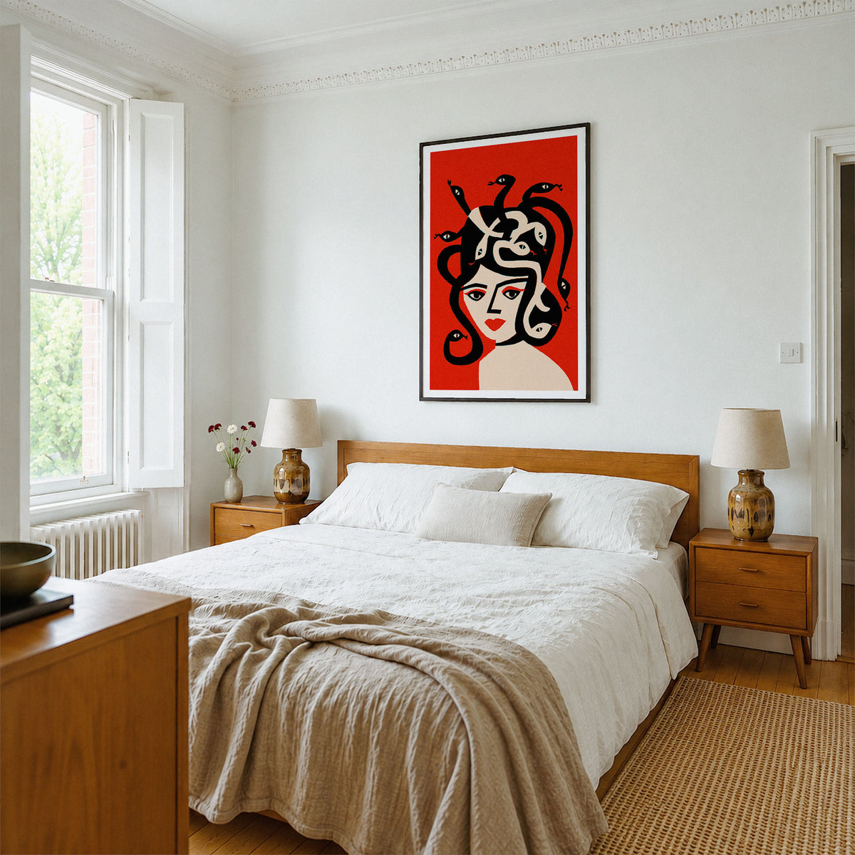 A modern bedroom with a bed dressed in white linens and a beige throw, flanked by wooden nightstands and lamps, with a bold red framed art print of a stylized woman's face hanging above the bed.