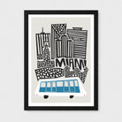 Framed art print featuring a stylized black and white Miami skyline with a blue and white bus at the bottom, shown against a light gray background.