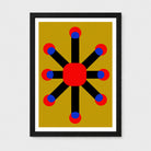 Framed abstract geometric wall art featuring a central red square connected to eight black radiating bars, each ending with red and blue circles, set against a mustard yellow background. The piece is housed in a black frame with a white mat, shown against a light gray wall.