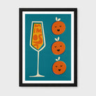 A framed art print featuring a stylized champagne flute with the word 'MIMS' in orange and yellow, alongside three smiling orange characters on a teal background. The print is housed in a black frame with a white mat, shown against a light gray background.