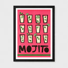 A framed art print featuring a retro-style illustration of ten mojito cocktails on a bright pink background, with the word 'MOJITO' in bold black letters at the bottom. The print is mounted with a white mat and enclosed in a slim black frame, shown against a light gray background.