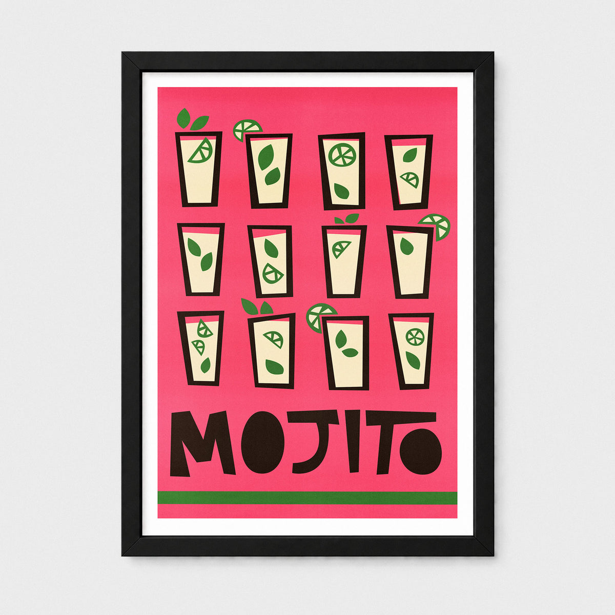 A framed art print featuring a retro-style illustration of ten mojito cocktails on a bright pink background, with the word 'MOJITO' in bold black letters at the bottom. The print is mounted with a white mat and enclosed in a slim black frame, shown against a light gray background.