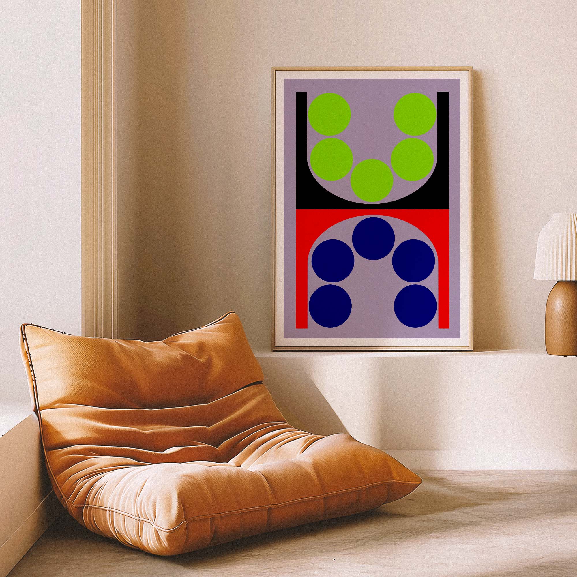 Modern living room with a colorful abstract art piece on the wall, plants, and a beige sofa.