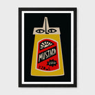 A framed art print featuring a stylized mustard bottle with eyes on a black background, enclosed in a black frame with a white mat.