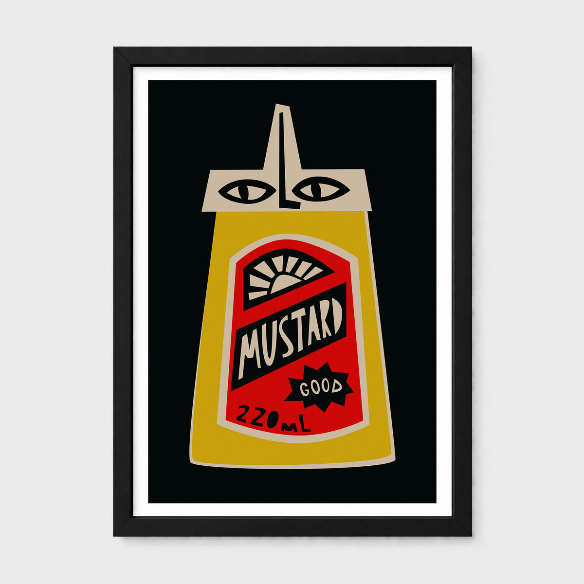 A framed art print featuring a stylized mustard bottle with eyes on a black background, enclosed in a black frame with a white mat.