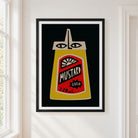A framed pop-art print of a mustard bottle with a stylized face, displayed on a white wall next to a window.