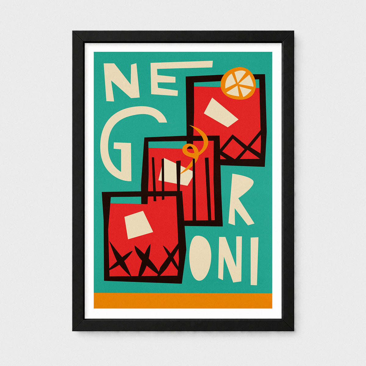 A framed graphic art print featuring the word 'NEGRONI' in large cream letters over three red cocktail glasses on a teal background, shown against a light gray wall.