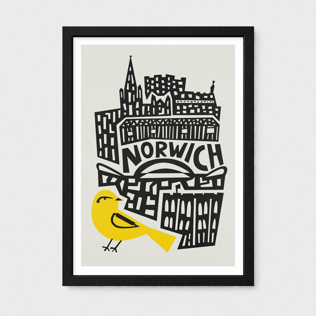A framed art print featuring a stylized black-and-white illustration of Norwich with a bright yellow bird in the lower left, shown against a light gray background.