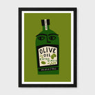 Framed art print featuring a stylized green olive oil bottle with a face, set against an olive green background with a black frame and white mat.