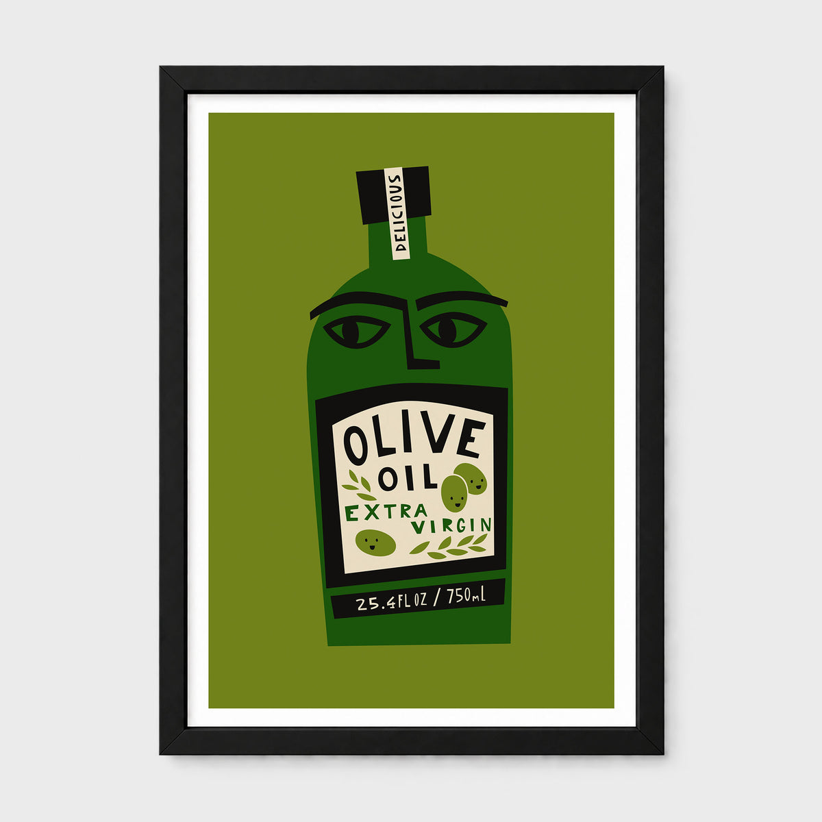 Framed art print featuring a stylized green olive oil bottle with a face, set against an olive green background with a black frame and white mat.