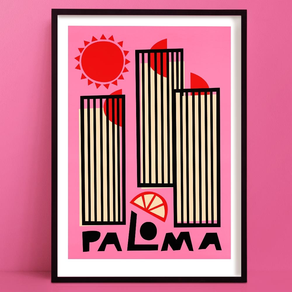 A bold and vibrant Paloma print featuring geometric high-rises in cream and black, set against a candy pink background with sun and citrus accents.
